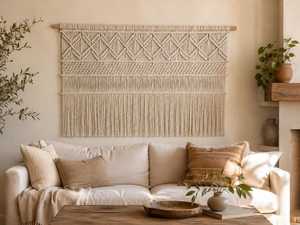 Tapisserie murale en crochet faite à la main en forme de U, motif géométrique, style bohème, 100% coton biologique, décoration intérieure - Product Image 2