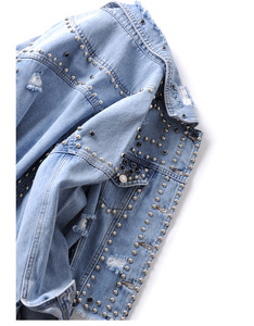 Rivets Personnalisés Grande Taille Vintage Femmes Bleu Denim Déchiré Jeans Crop Jackets - Product Image 5