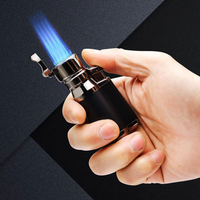 Briquet à gaz rechargeable en métal à quatre flammes droites, coupe-vent, torche à jet, personnalisable avec logo, pour cigarettes et cigares
