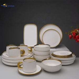 Luxury Wholesale Mid Asian 32Pcs Edge Gold Rimmed Ceramic Dinnerware Tableware Embossed Porcelain <strong>White</strong> <strong>Dinner</strong> Plate Bowl <strong>Sets</strong> - Product Image 2