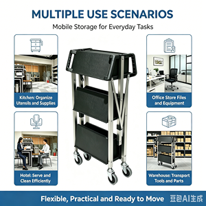 Carrito de Servicio Plegable de 3 Niveles Heavybao, Carro de Plástico Rodante Profesional para Ahorrar Espacio, para Hoteles, <span class=keywords><strong>Restaurantes</strong></span> y Servicios de Catering - Product Image 5