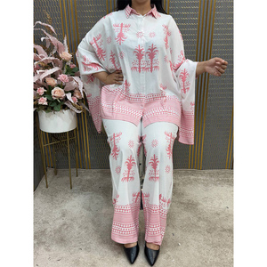 Bohemian Floral Printed Casual Loose Woven Cotton Kaftan Top & Wide Leg <b>Trouser</b> Loungewear Set for Summer Resort - Product Image 4