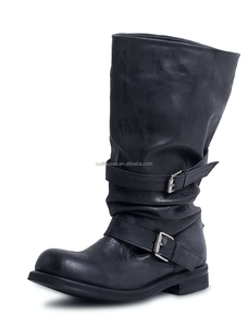 Botas Largas de Piel de Becerro con Efecto Desgastado, de Alta Calidad, Color Negro Marino, con Hebilla de Cinturón, Estilo Holgado para Mujer - Product Image 1