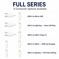 Kabel Pengisian Cepat 27W USB-C ke Lightning 1m dengan Cincin LED Hijau, Kabel TPE Model Bowling Pin untuk iPhone