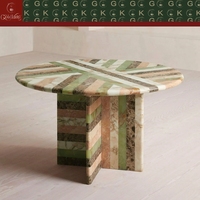Table à manger ronde GOLDKING avec incrustation de marbre multicolore, base sur piétement, design artistique, fabrication OEM ODM personnalisée, directement de l'usine.