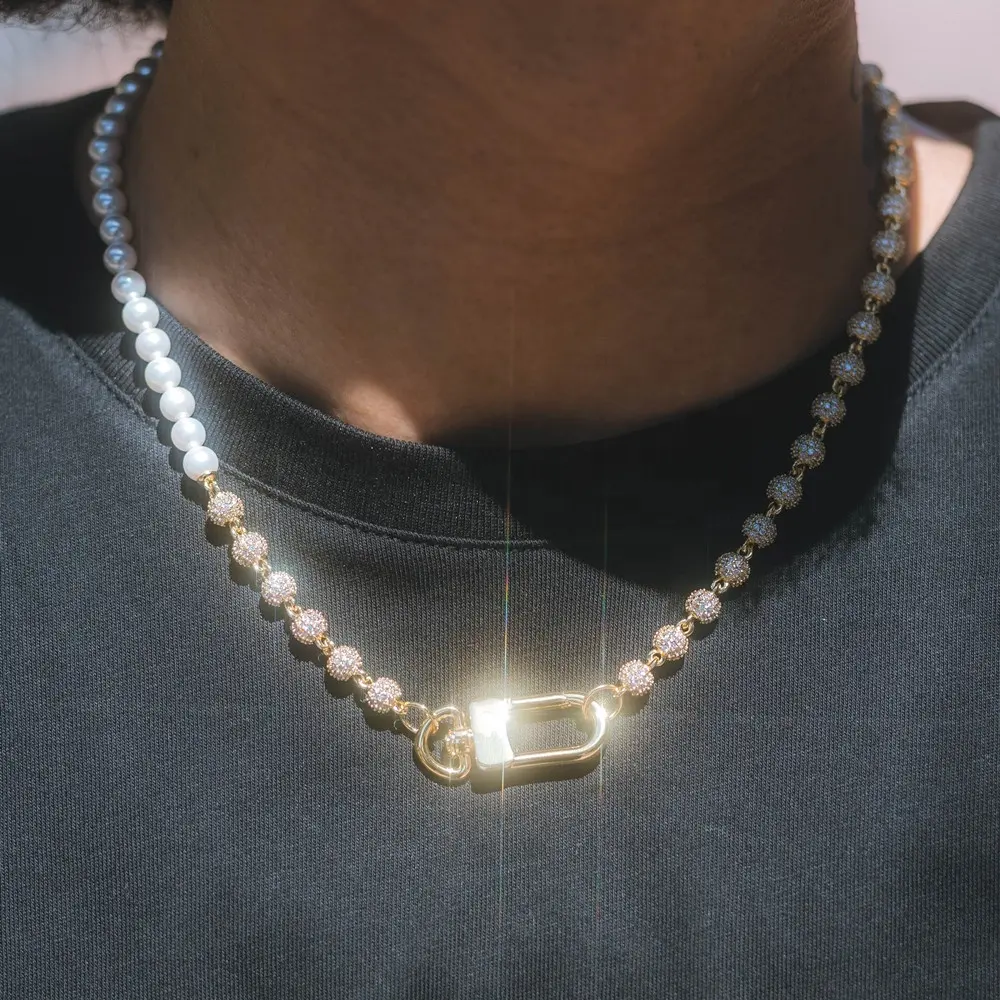 Yeni tasarım 18k altın kaplama 925 ayar gümüş Lab elmas inci & Moissanite Hip Hop tespih boncuk zincir