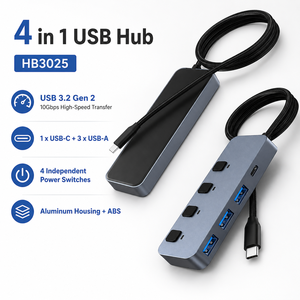 Hub USB 3.2 Gen 2 10 Gbps 4 <span class=keywords><strong>en</strong></span> 1 <span class=keywords><strong>en</strong></span> aluminium avec interrupteurs d'alimentation individuels, 1 port USB C et 3 ports USB A - Product Image 2