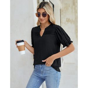 Blusa negra para mujer, manga corta, manga abullonada, cuello en V, top de gasa, ropa informal para el día a día - Product Image 2