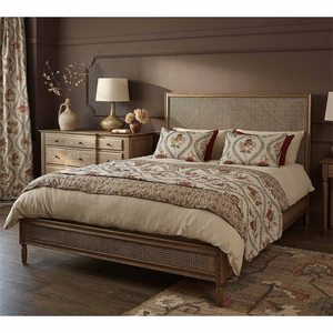 American Country Vintage Double <strong>Bed</strong> Solid Oak <strong>Pine</strong> and Teak Rattan <strong>Bed</strong> for Master Bedroom for Home or Hotel Furniture - Product Image 1