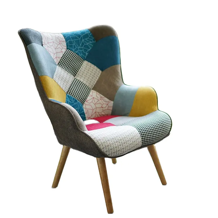 Fauteuil en tissu bois massif pour salle à manger, chaise de loisirs à dossier haut, meuble en patchwork, 3 pièces