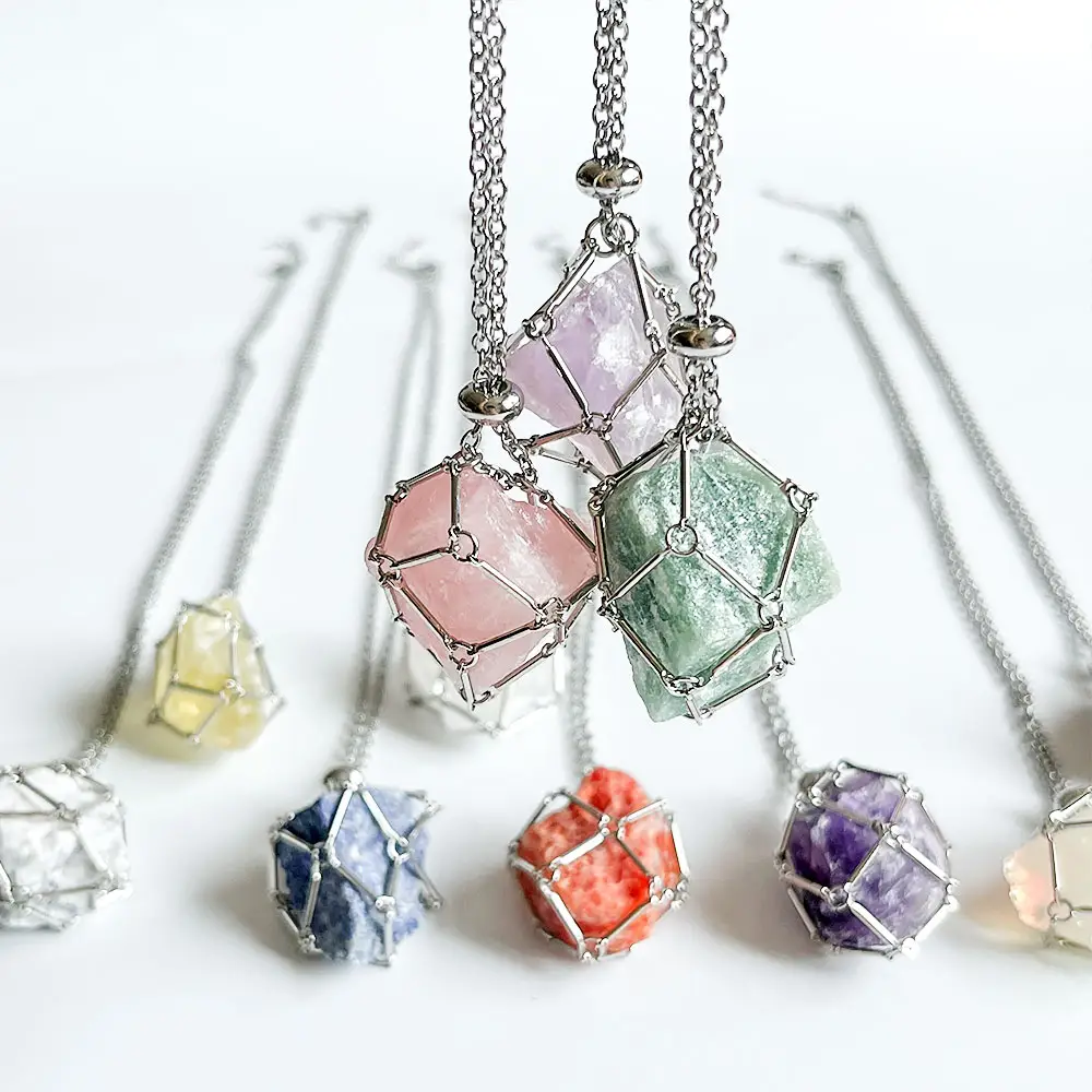Raw Crystal Holder Necklace Stainless Steel Cage Stones Adjustable Natural Gemstone Pendant Necklace Jewelry