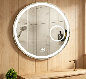 Round LED Bathroom <b>Mirror</b> With <b>Silver</b> Metal <b>Frame</b> Wall Mounted Rustic Style Adjustable Light Source Bath <b>Mirror</b> - Product Image 6