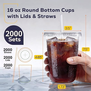 Gobelets ronds jetables transparents de 16 oz avec couvercles et pailles, sans BPA, pour bubble tea, café, milkshakes, boissons froides et fêtes - Product Image 2