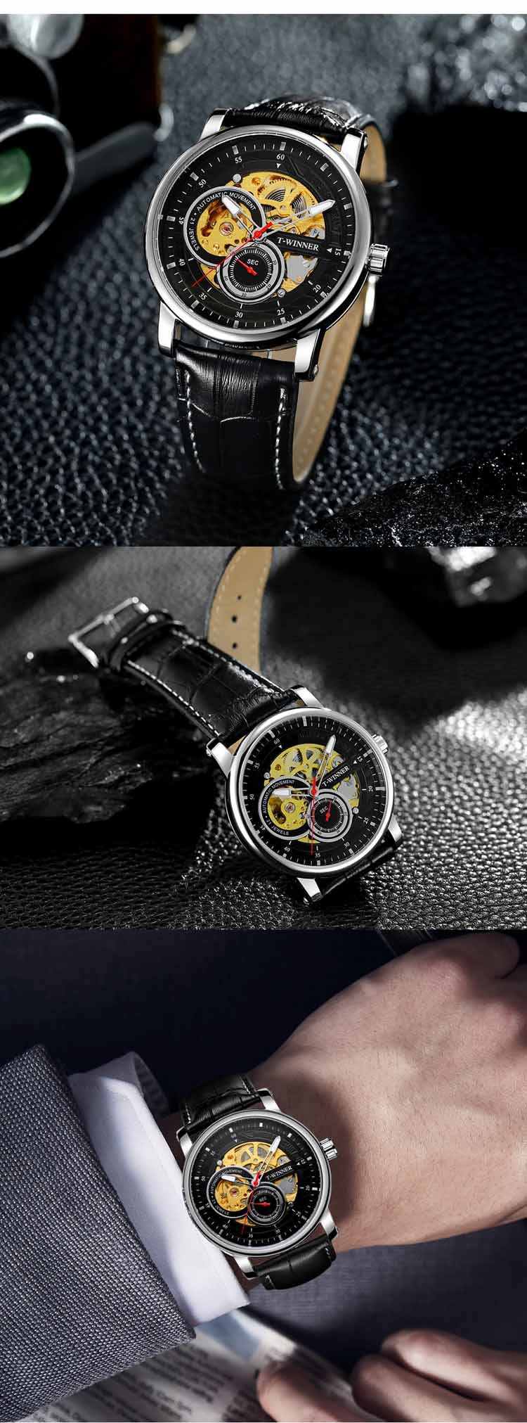 Часы наручные WINNER Мужские механические, модные светящиеся прозрачные деловые, с кожаным ремешком, в китайском стиле, 8196