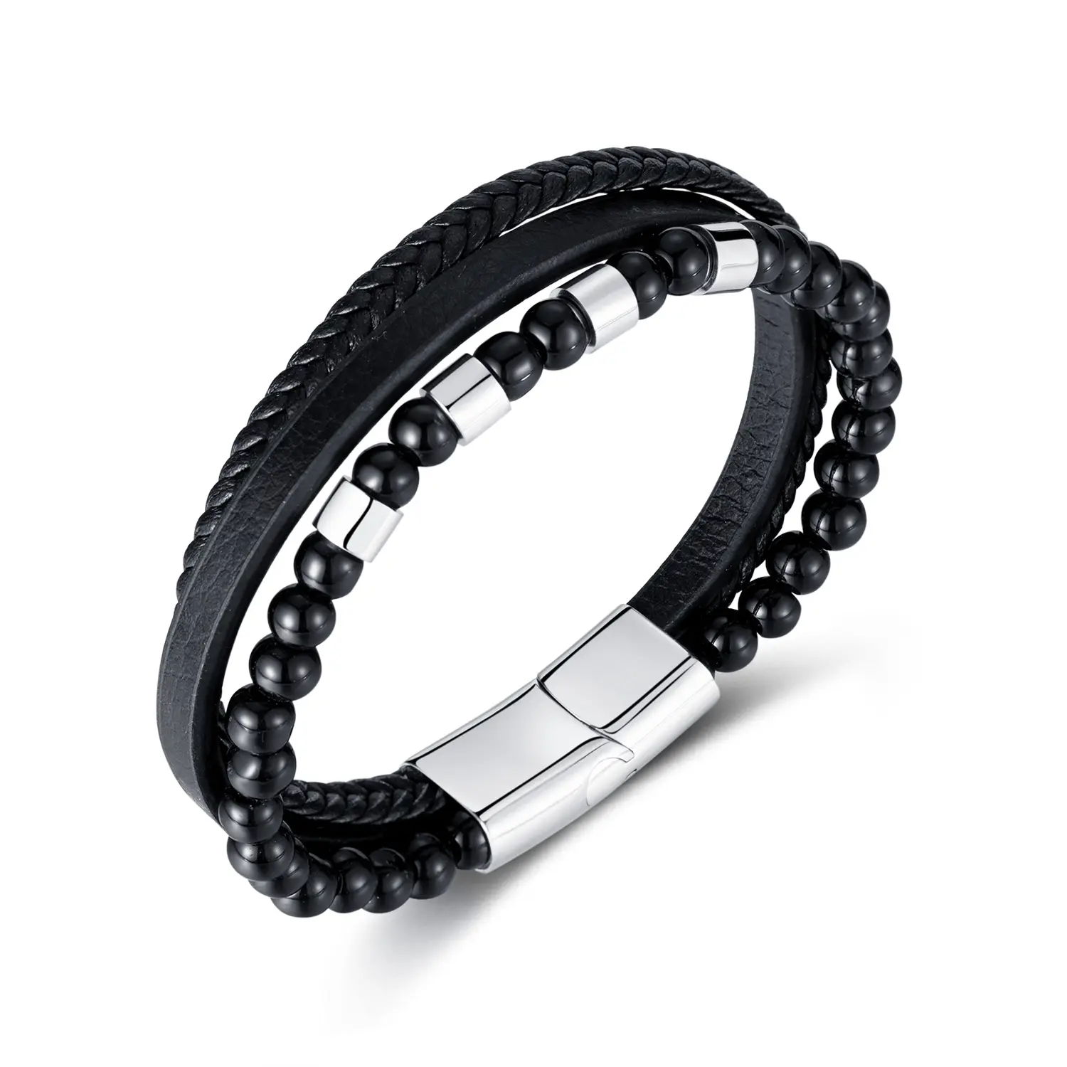 12Mm Hoge Kwaliteit Mode Eenvoudige Roestvrijstalen Zwarte Agaat Kralen Multi-Layer Gevlochten Magnetische Sluiting Lederen Armband Voor Mannen