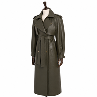 Trench-coat long en peau de mouton vert olive pour femme, avec ceinture, revers, rabat coupe-vent, manches lanternes, ceinture à nouer, coupe-vent toutes saisons, personnalisé