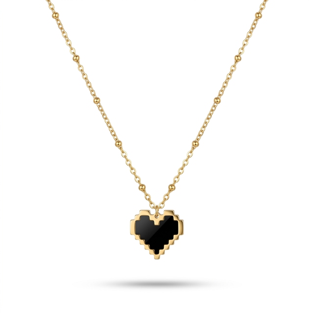 QIAOREN 11986 18K Stainless Steel Pixel Heart Pendant Necklace Black Enamel Inlay Beaded Cable Chain Retro Game Style Jewelry