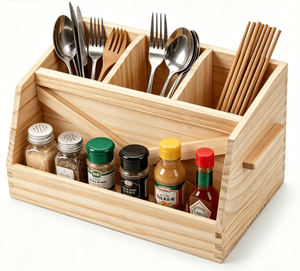 Organisateur de cuisine multifonctionnel en bois sur pied pour comptoir ; Rangement pour ustensiles de cuisine, vaisselle et couverts - Product Image 3