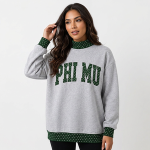 Sudadera de cuello redondo para mujer Phi Mu, color verde azulado con ribete de lunares, de algodón tejido transpirable, para invierno, con cuello simulado. - Product Image 5