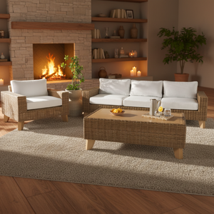 Moderno y Lujoso Conjunto de Sofás Seccionales de Mimbre y Ratán para Jardín, Patio o Balcón, con Estructura de Aluminio Resistente a la Intemperie y Cojines, Color Blanco - Product Image 1
