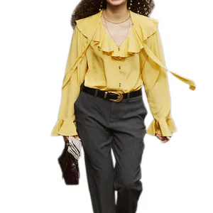 도매 패션 새로운 V-넥 러플 우아한 셔츠 여성용 긴 소매 단색 버튼 블라우스 탑 오피스 레이디 셔츠