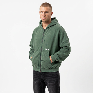 Sudadera con Capucha y Cierre de Cremallera para Hombre SAAR INDUSTRIES, Verde Sólido, 100% Algodón Lavado, Logotipo Frontal, Manga Regular, Ropa de Invierno - Product Image 1