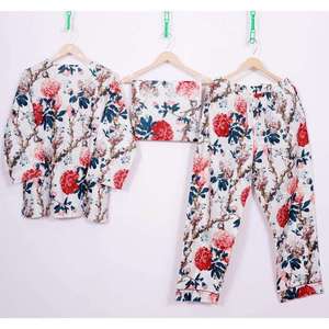 Ensemble pyjama femme en coton avec pantalon et chemise, taille élastique, imprimé à la main, respirant, pour l'automne, léger et confortable pour la nuit - Product Image 3