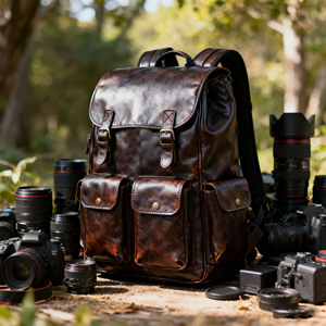 Nhà sản xuất OEM cổ điển Vegan da lớn độn DSLR máy ảnh Ba lô cho đường phố nhiếp ảnh gia đi bộ đường dài shoots & thường đi chơi - Product Image 1