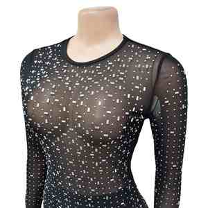 Vestido de lujo de marca famosa con bordado de diseñador para fiesta, club, moda femenina, de gasa con pedrería y manga larga - Product Image 6