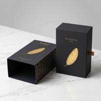 Boîte à parfum de luxe personnalisée noire mate avec logo plume en feuille d'or, emballage haut de gamme pour parfum, coffret cadeau avec insert en EVA