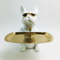 Statue de majordome avec plateau en métal Sculpture de bouledogue français en résine, bol à clés pour entrée Table bureau bonbons bijoux porte-boucle d'oreille