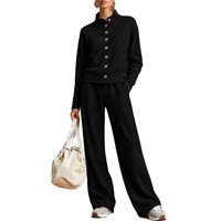 Ensemble décontracté pour femme 2026 : Cardigan à col montant et manches longues de couleur unie et pantalon large en polyester et élasthanne, coupe ample