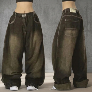Vaqueros de mezclilla vintage de corte ancho, lavado oscuro, tiro medio, ajuste holgado, largo completo, casuales, para verano/invierno, para mujer, poliéster/algodón - Product Image 3