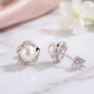 Natural Freshwater Pearl Flower <b>Stud</b> Earrings S925 Sterling <b>Silver</b> Jewelry for Women Dainty Clover Lucky Wedding Gift Trendy - Product Image 5