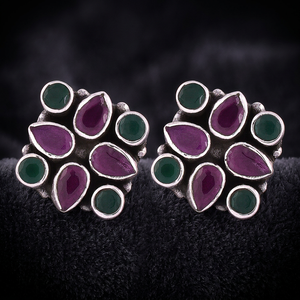 925 Sterling Silver Multicolor Gemstone <b>Cluster</b> Stud Earrings with Purple and Green Stones Fine Jewellery for Women and Girls - Product Image 3