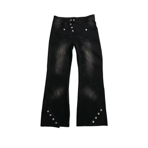 Pantalon vintage empilé pour homme, jean à boutons latéraux, jean en denim évasé empilé - Product Image 4