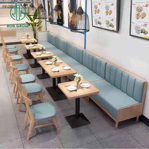 Muebles de Comedor para Cafetería, Mesas Largas de Madera para Cafetería, Silla de Cuero Gris y Conjunto de Asientos de Banco de Sofá Naranja para Muebles de Restaurante - Product Image 4