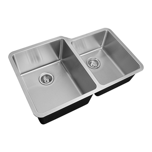 Évier de cuisine moderne JKY SS-R3221L 32"x20" haut de gamme en acier inoxydable 60/40 à double bac, surface brossée, à encastrer sous plan - Product Image 3