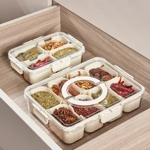 New Product Clear Plastic Divided Food Serving Tray With Lid And Handle Spices Seasoning Storage Container