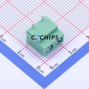 DB126R-5.0-2P-GN Screw Terminal Block Bent Lead Through Hole,P=5mm Connector 1x2P 5mm Green Right Angle Insert - Product Image 1