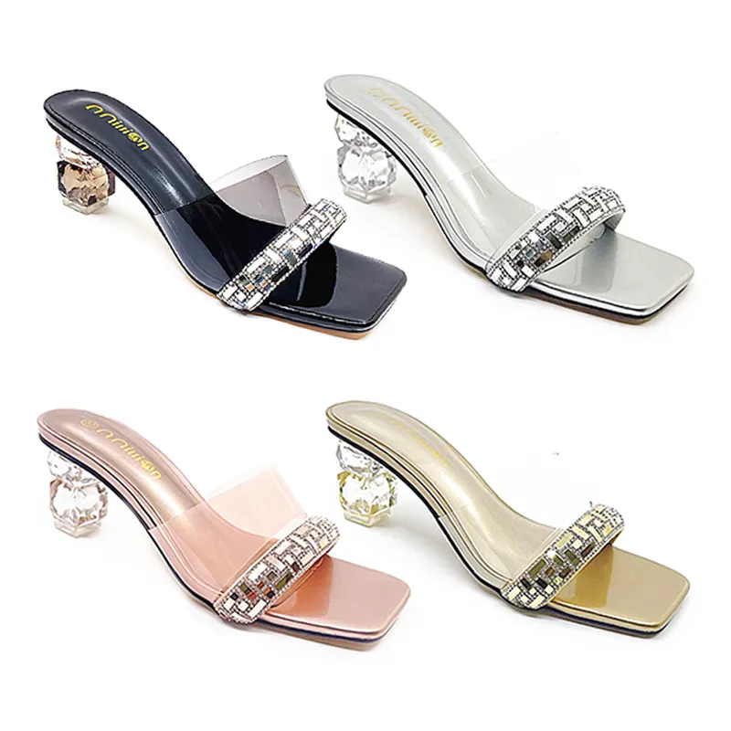 Fancy Lady Dazzling Heel Slipper Stylish For Party Outdoor Summer Women Sexy Crystal Clear Square Heel Slide Slipper