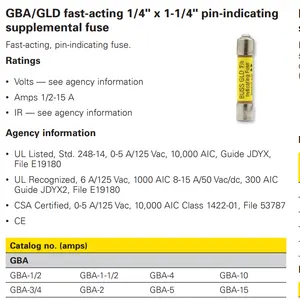 GBA/GLD fast-acting 1/4" x 1-1/4" pin-indicating components brown alumina thermal Ceramics hotpot silica EATON Bussmann fuse