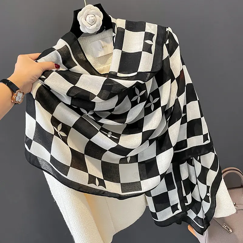 Fashion Style Black And White Checkered Cotton Viscose Printed Scarves Luxury Brand Camel Plaid Printed Scarf For Women Shawls