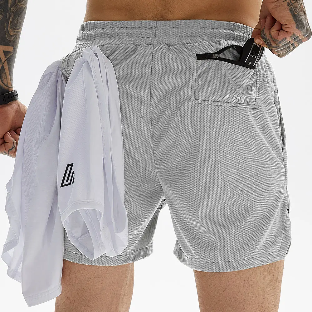 Custom Zomer 5 Inch Sport Swear Heren Polyester Gymshorts Voor Heren 2 In 1 Heren Gym Hardloopshorts Met Zakken