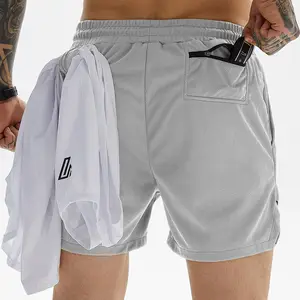 Shorts de ginástica 2 em 1 para homens, shorts esportivos de 5 polegadas para corrida e academia, calção de poliéster com bolsos, personalizado para o verão