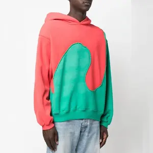 OEM Custom Wholesale Cotton Oversized Pullover 2 Tone Patchwork Color Block Hoodie For Men