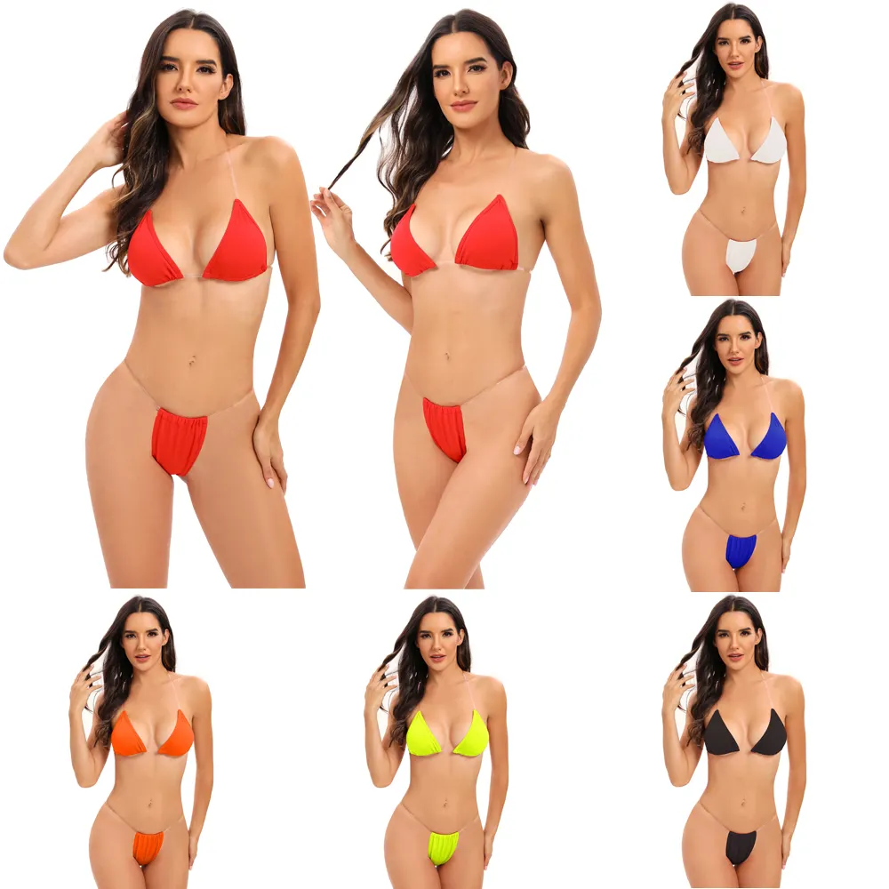 Hot Sale Solid Women Swimming Suit three point Transparent Bikini Sets Micro Mini swimwear sexy thong swimsuit Girl