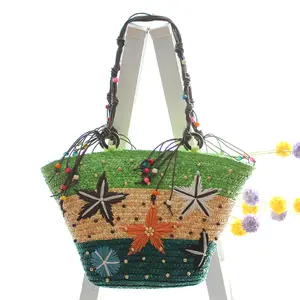 2023时尚巴厘岛麦草沙滩包染料彩色贝壳装饰波西米亚女性购物袋