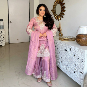 Conjunto de Kurta y Palazzo Tradicional para Mujer, Premium, de Chifón de Seda Pesada Fendi, Bordado, Transpirable, con Dupatta con Lentejuelas Chinas | - Product Image 1