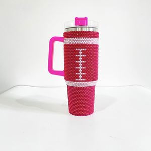 <b>Double</b> <b>Wall</b> 40Oz Print American Football Hot Pink Rhinestone Tumbler Coffee <b>Mug</b> With Handle Gift for Rugby Lover - Product Image 3